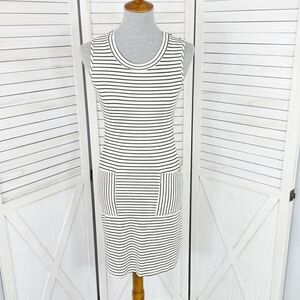 Monteau Striped Sleeveless‎ Sheath Pocket Tee Shirt Dress Cream Black Small